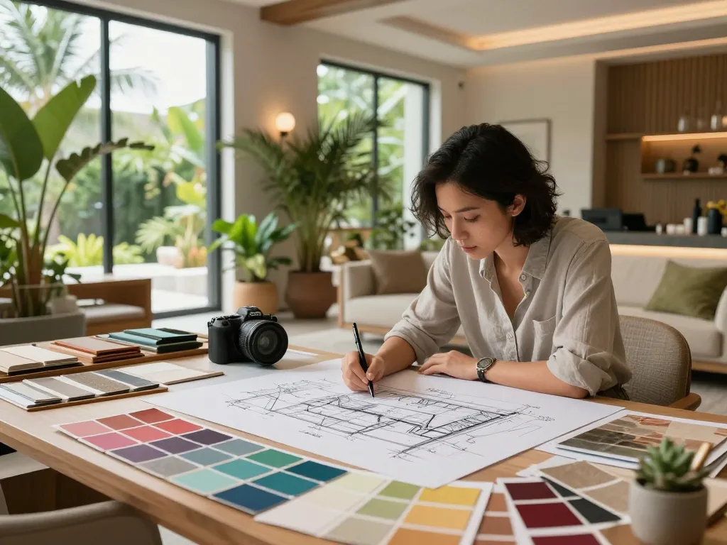 Interior Decoration Services showcased in a tropical resort design studio, featuring color swatches and natural materials.