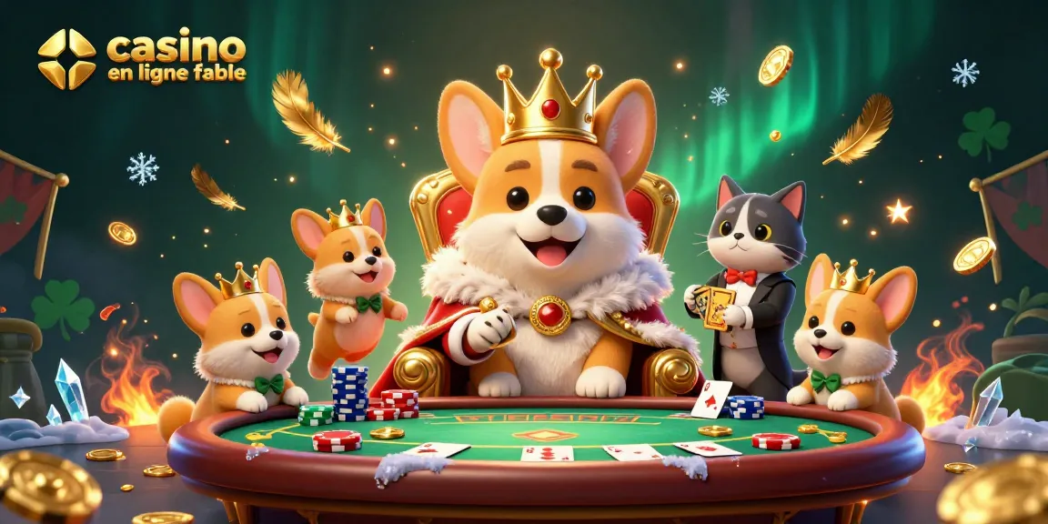 Jouez au casino en ligne fiable avec des animations captivantes d'un corgi royal entouré de jetons et de cartes.