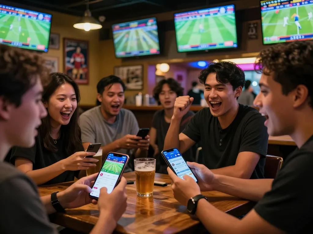 Xoilac users engaging enthusiastically in sports betting at a lively bar with multiple screens.