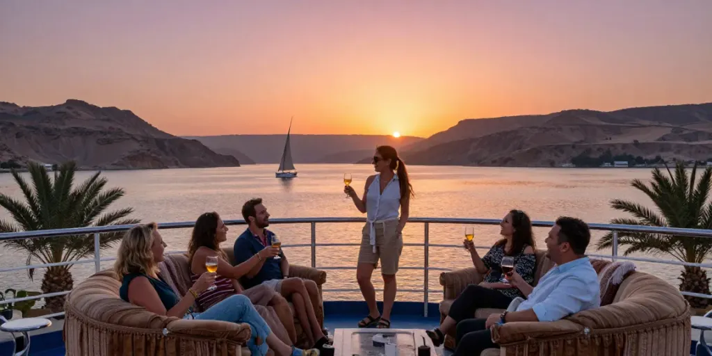 Experience a luxurious Lake Nasser cruise at sunset with travelers enjoying drinks on a scenic deck.