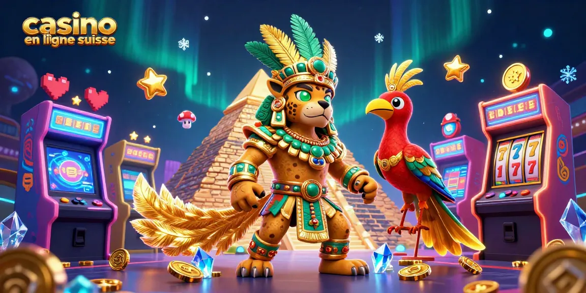 Jouez aux machines à sous dans l'univers vibrant du casino en ligne suisse, avec des personnages mayas dynamiques.