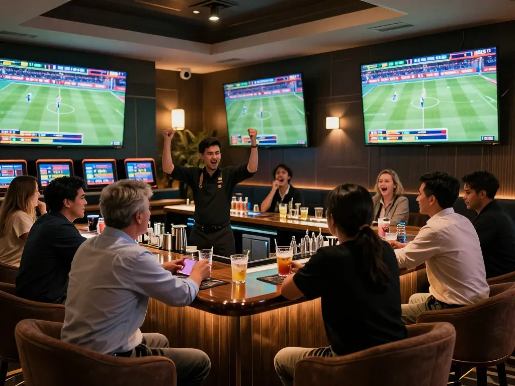 Betting enthusiasts placing wagers in the lively ALO8 sports betting lounge, excitement in the air.