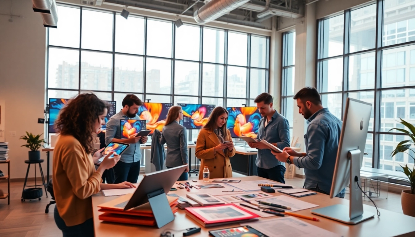 Collaboration among graphic designers at https://bestdesignersintheworld.com/ studio with colorful designs.
