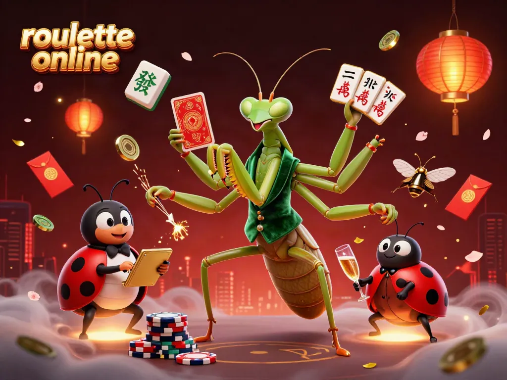 Experience thrilling roullete online action with a giant praying mantis dealer and vibrant casino elements.