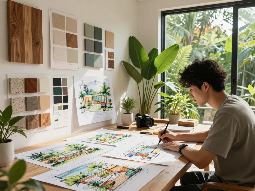 Creative interior design workspace showcasing nature-integrated concepts for resort decoration, incorporating natural materials and inspiring light.