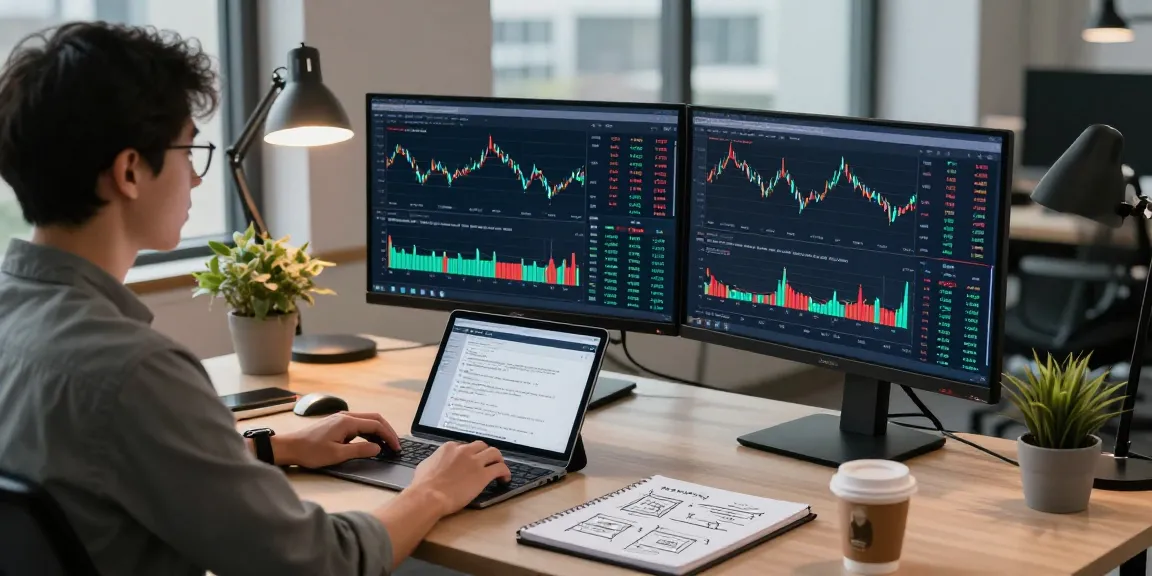 Developer utilizing the US stock fundamental data API in a modern fintech workspace, analyzing real-time stock market trends and financial data.