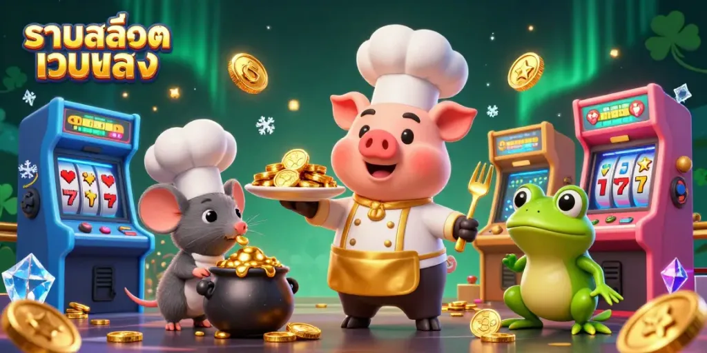 Join the fun at รวมสล็อตเว็บตรง with a vibrant 3D casino scene featuring gold coins, slot machines, and animated characters.