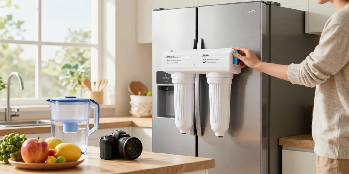 Changing the Waterdrop Plus ADQ73613401 NSF 401&53&42 Certified Refrigerator Water Filter and Air Filter in a bright kitchen.