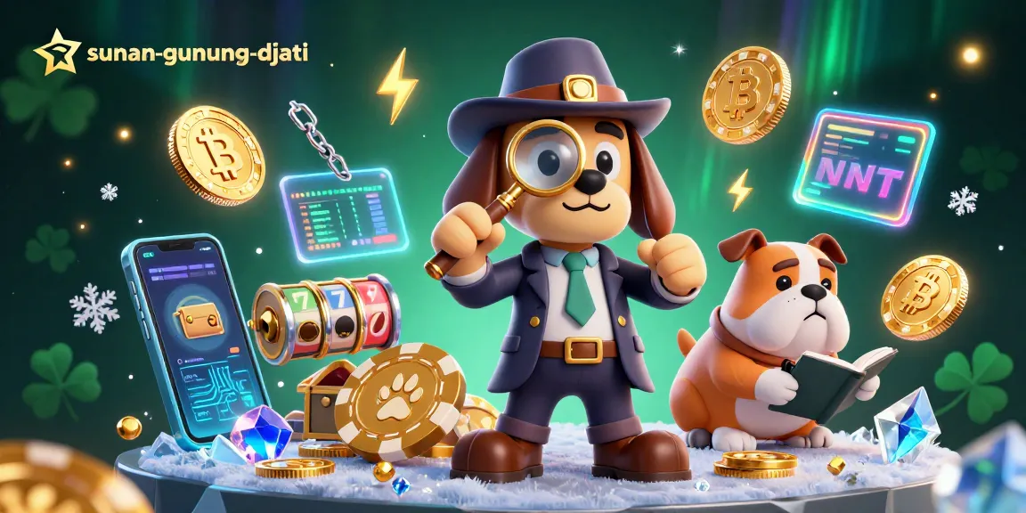 Sunan-gunung-djati menampilkan detektif kartun mencari petunjuk di kasino dengan chip poker emas dan elemen kripto.