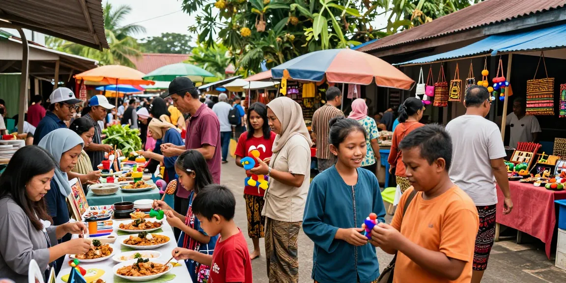 Suasana pasar lokal Leci123 dengan berbagai aktivitas masyarakat Indonesia.