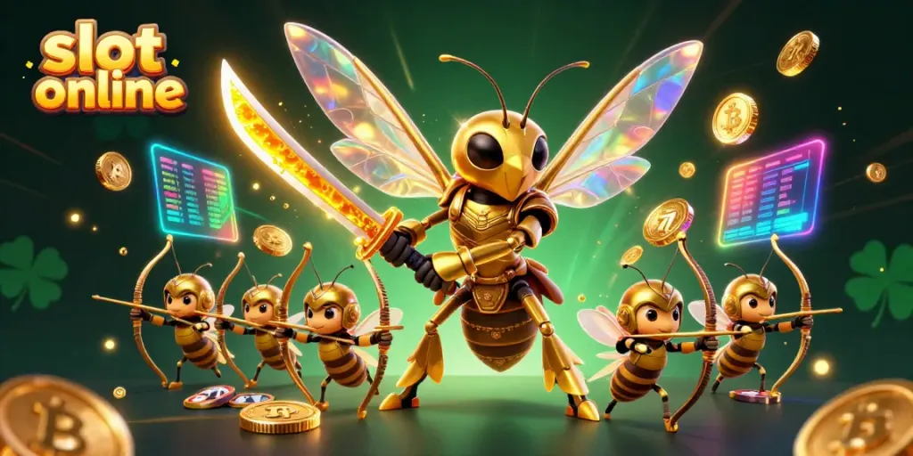 Engage in thrilling slot online action with a giant golden hornet character and vibrant game elements.
