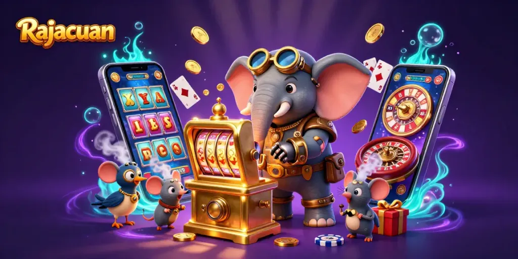 Rajacuan animates thrilling gameplay with a steampunk elephant operating a vibrant slot machine.