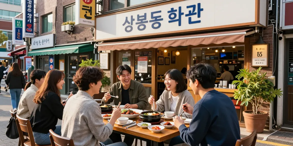 Friends dining at 상봉동 한국관, sharing Korean dishes in a lively urban setting