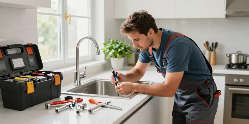 Professional plumber in London repairing a kitchen sink, showcasing expertise and quality service.