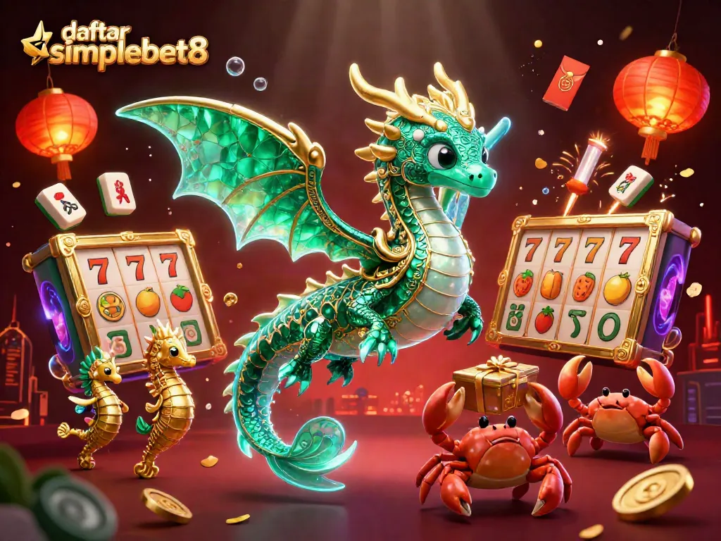 Play lively games on daftar simplebet8 with vibrant slot reels and festive decorations.