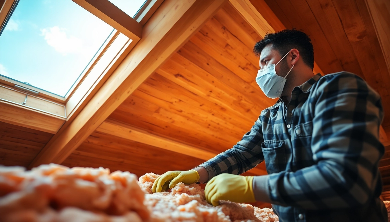 Loft insulation removal specialist cleaning old insulation in an attic environment.
