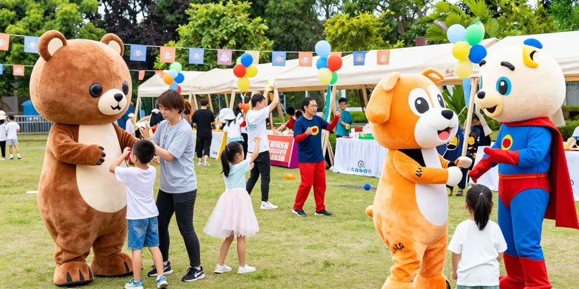 Children and adults enjoying vibrant mascot costumes at a community event.