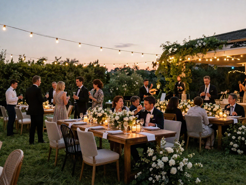 Outdoor wedding featuring elegant event furniture rental setup, romantic atmosphere with guests enjoying the celebration.