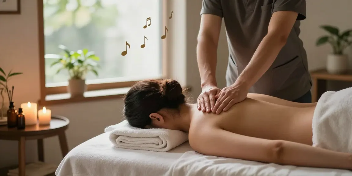 금천구출장안마을 위한 편안한 홈 스파 마사지 장면, 아로마 캔들과 부드러운 수건으로 둘러싸인 모습.