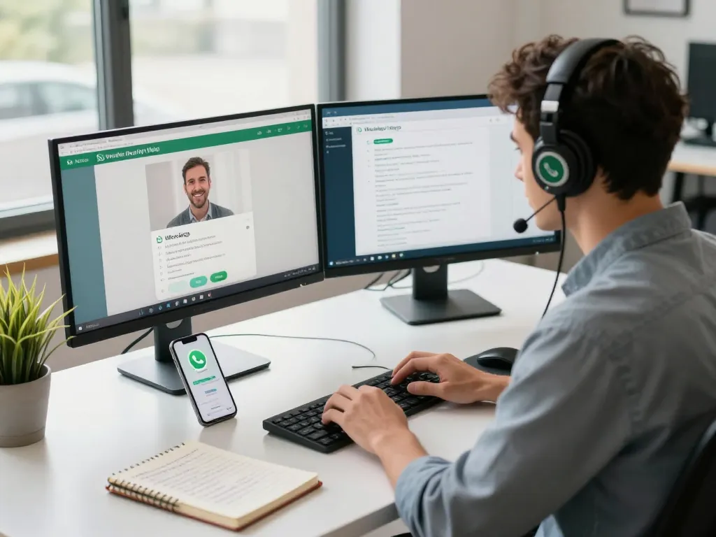 在现代工作空间中,专注的专业人士使用WhatsApp网页版进行商务沟通。