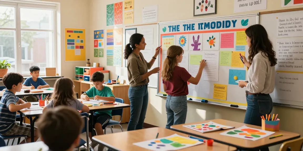 Engaging classroom scene showcasing a Poster Maker For Schools, with students actively designing colorful posters.