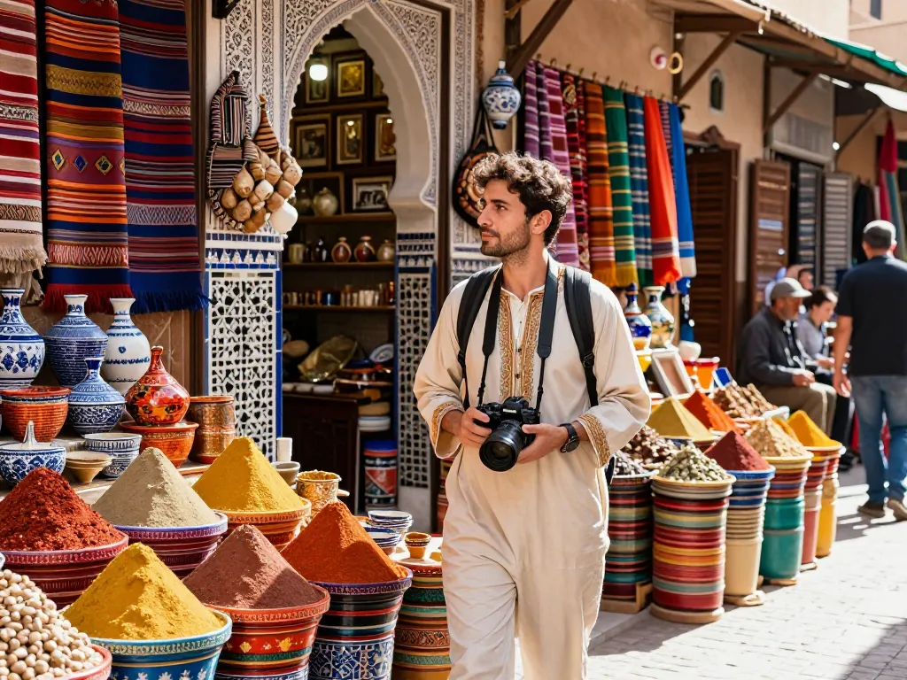 Vibrant scene of a traveler in a Moroccan medina, showcasing the essence of a Morocco travel agency adventure.
