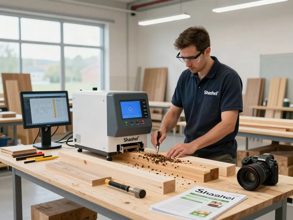 Shashel® microwave device effectively eliminating wood-boring insects in a modern workshop setting.