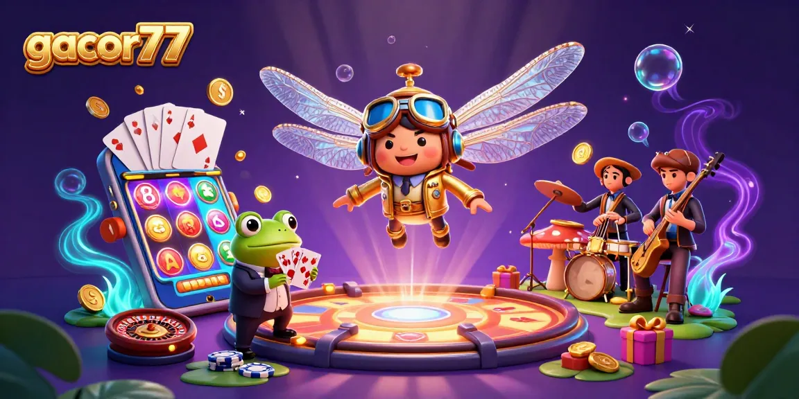 Gacor77 tampil menarik dengan kasino lily pad yang dikelilingi karakter unik dan elemen game.