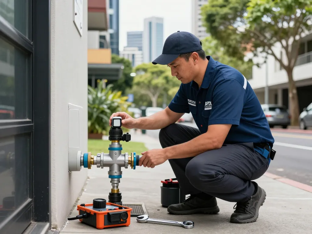 Backflow prevention Sydney service by licensed plumber inspecting device at a commercial property.