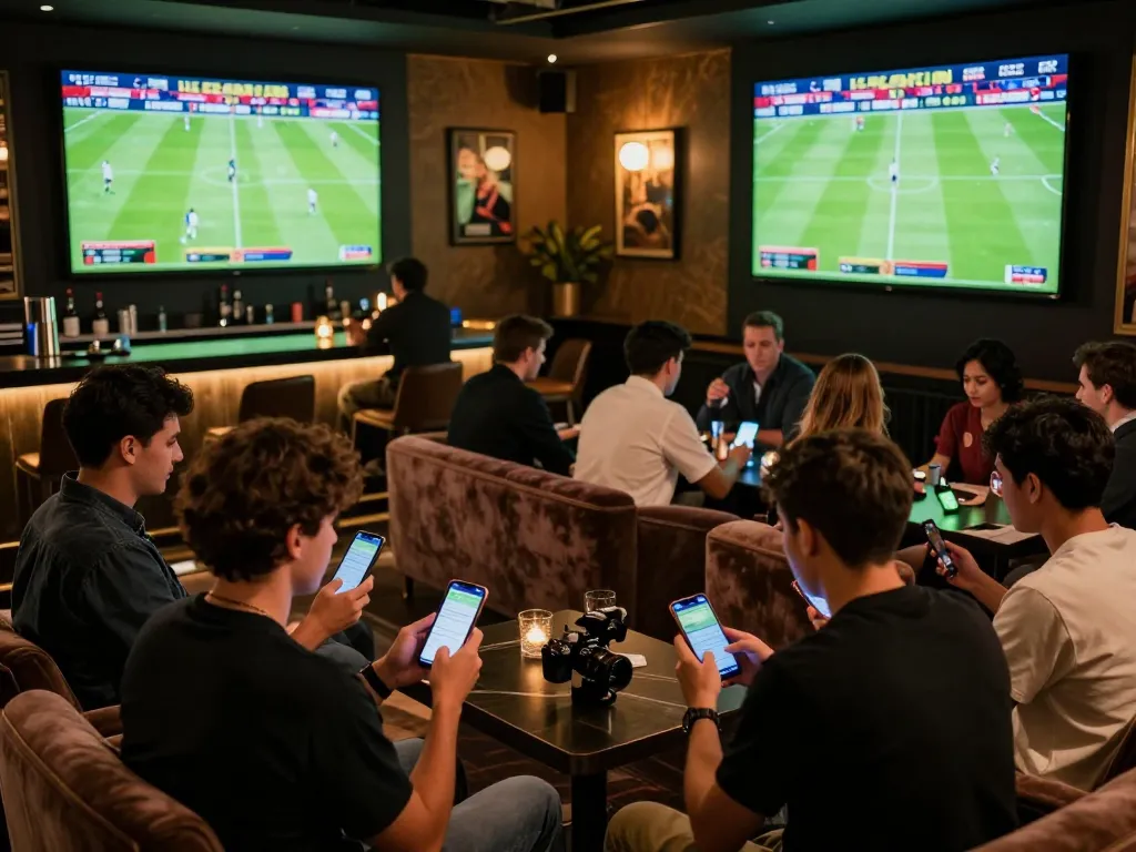 Excited bettors engaging with live soccer matches at keonhacaii88's luxurious sports lounge