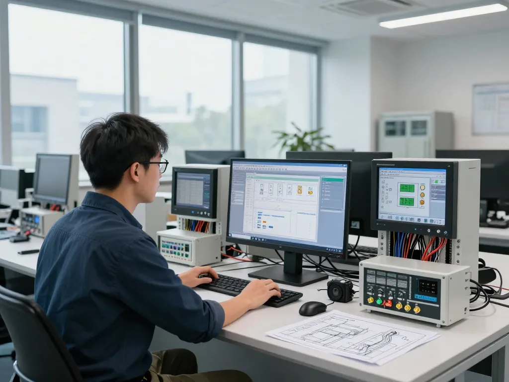 Hải Phòng Tech engineer working on automation systems in a modern workspace, showcasing PLCs and sensors.