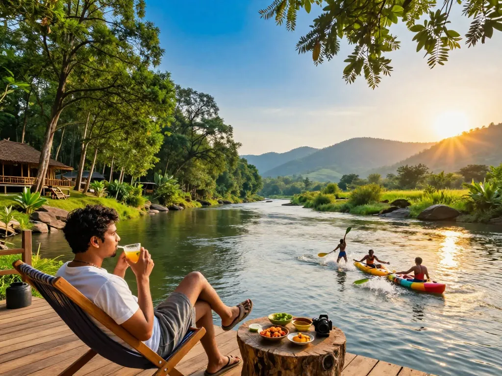 Dandeli resorts packages featuring a traveler relaxing by the Kali River, surrounded by lush greenery and friends enjoying river activities.