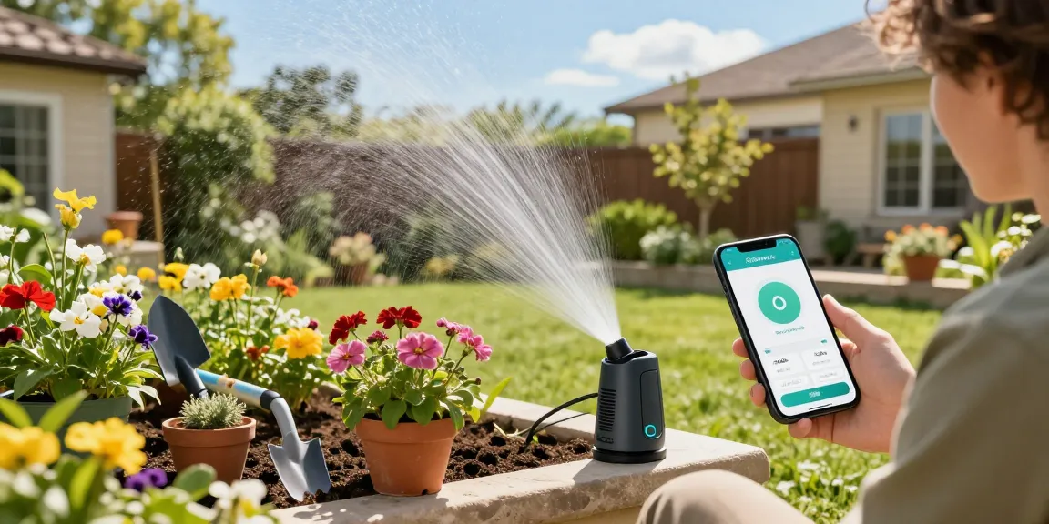 Effortlessly managing plant care with the RainPoint sprinkler timer in a vibrant garden setting.