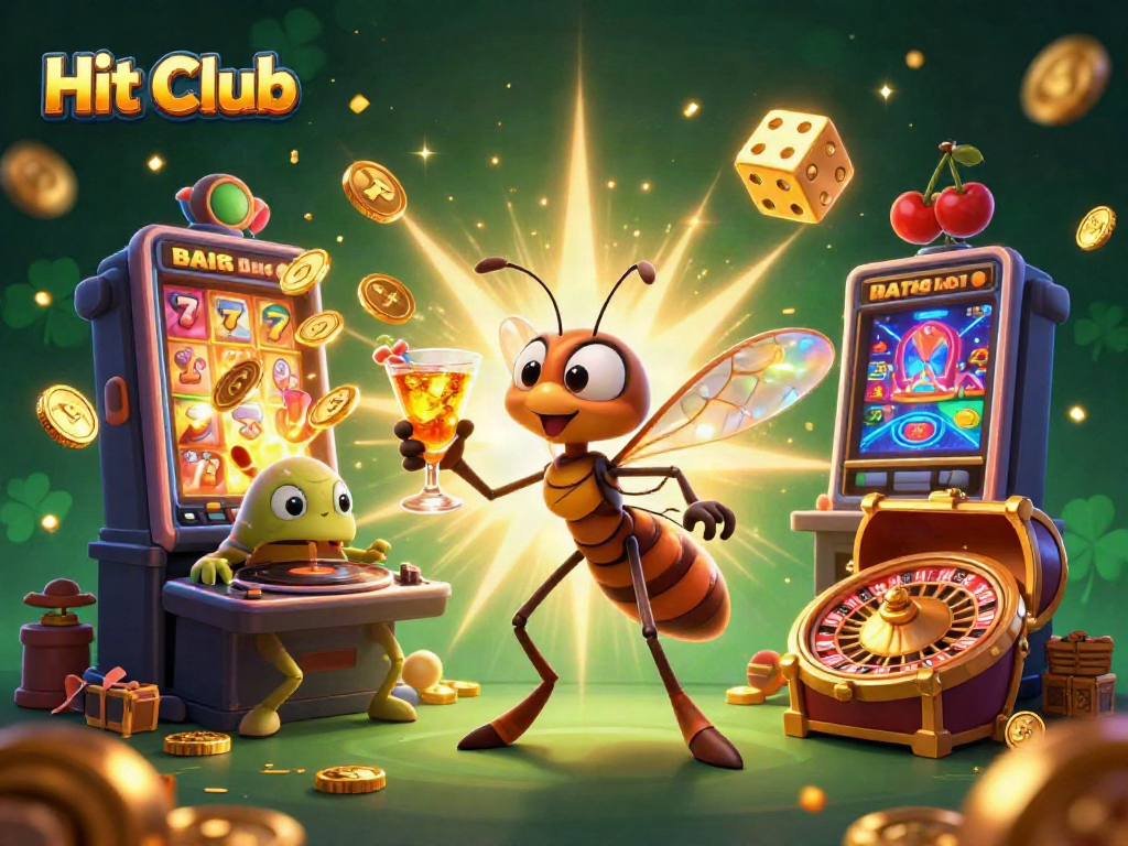 Hit Club casino mascot holding a golden cocktail amidst vibrant jackpot elements and lively atmosphere.