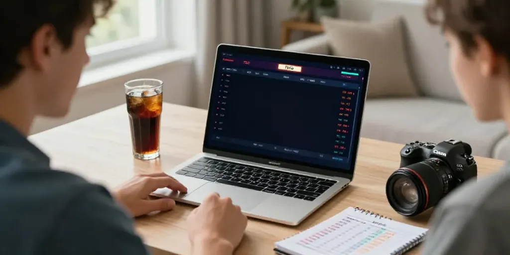 User engaging in Toto online betting on a laptop in a stylish home office setting.