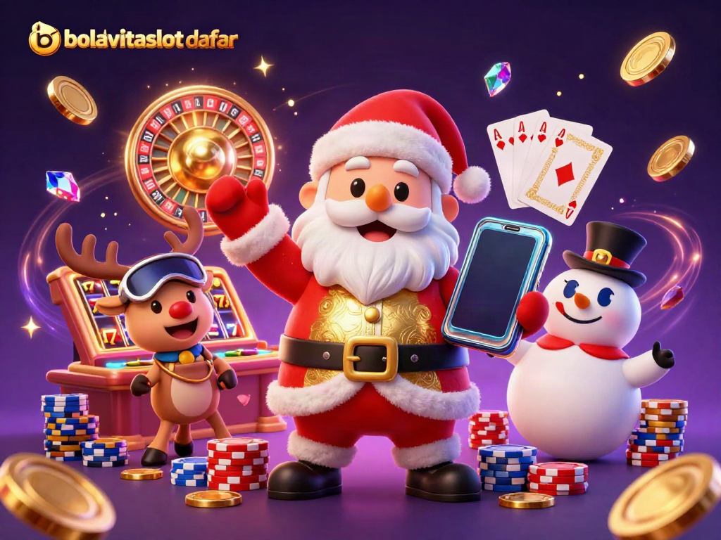 Experience thrilling gameplay at bolavitaslot daftar with Santa and friends in a vibrant casino scene.