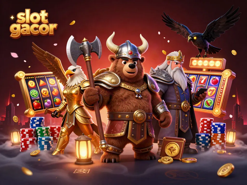 Slot gacor menampilkan beruang Viking 3D bertarung di kasino yang menawan.