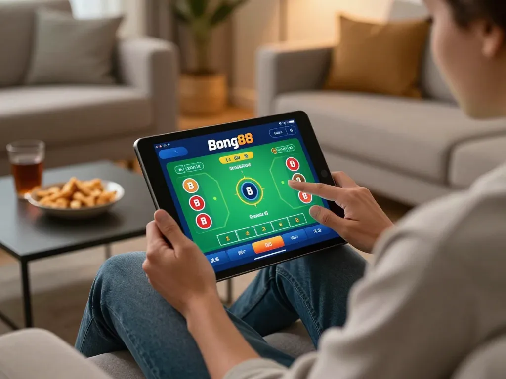 Engaging with Bong88 on a tablet for online sports betting in a cozy living room environment.