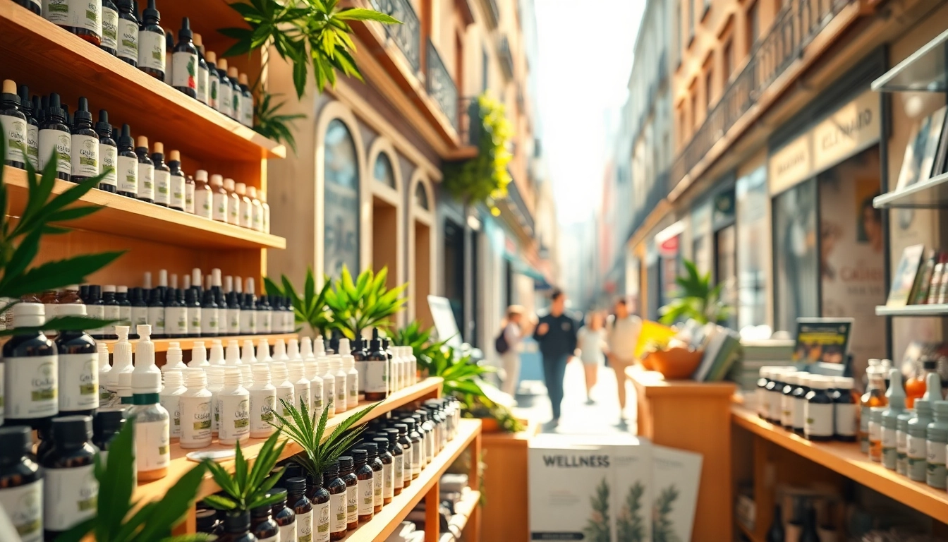 Shop displaying CBD Madrid products, highlighting vibrant displays and inviting atmosphere.