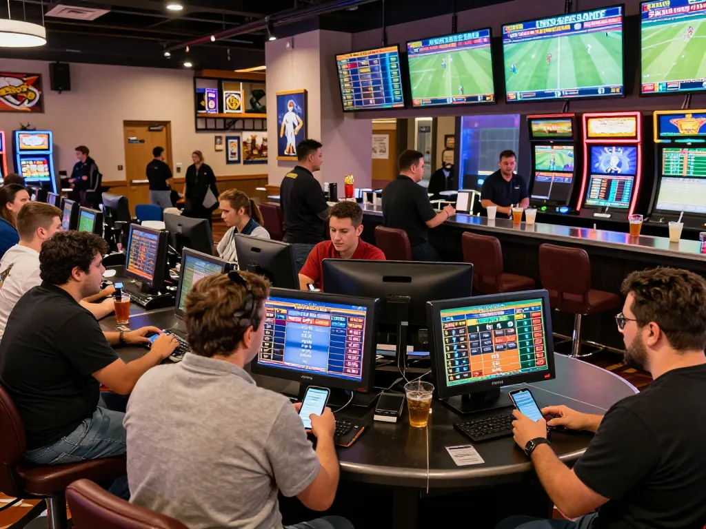 Engaged bettors placing bets on lu88 during a live sports event in a vibrant casino setting.
