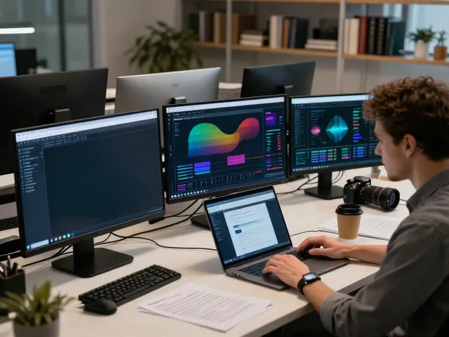 Analyst examining dark web data on multiple screens, highlighting hidden wiki dark web insights in a tech-savvy workspace.