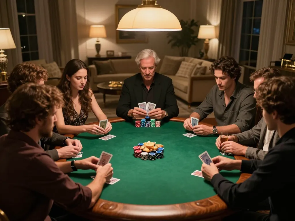 Fabet players strategizing during a private poker game in an elegant home setting.