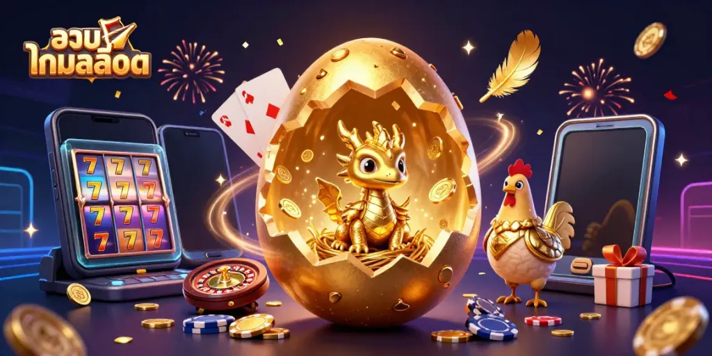 Engage in รวมเกมสล็อต with a golden dragon and gaming icons in a vibrant casino scene.