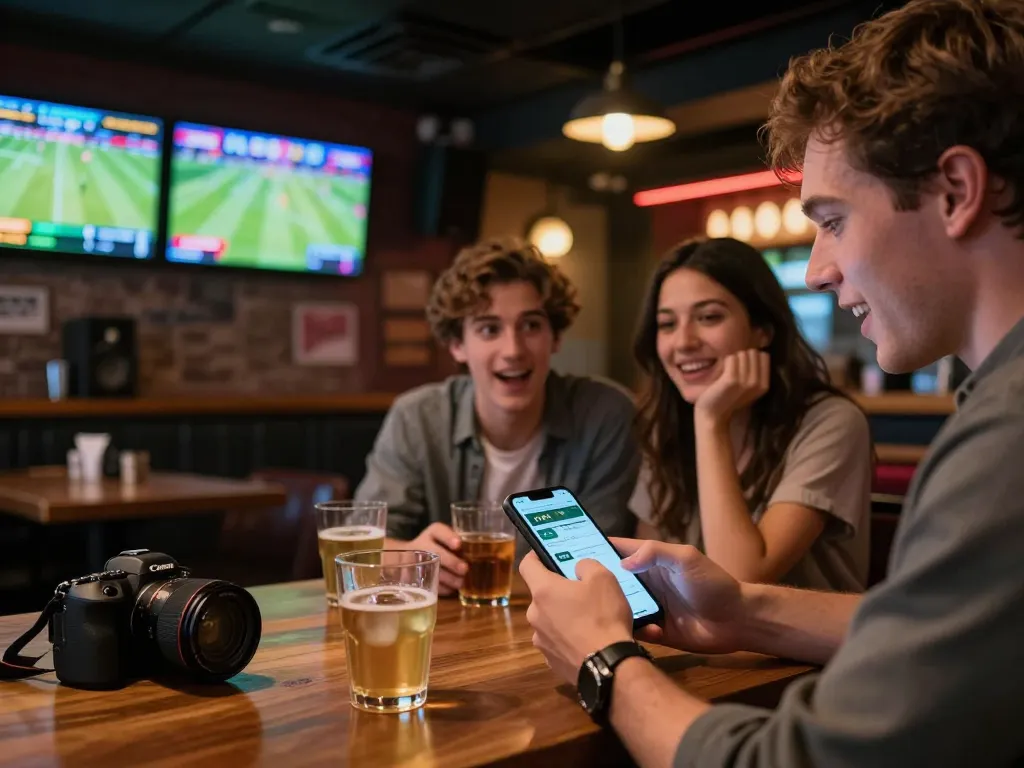 Engaging sports betting moment with cloud-africa app on smartphone amid friends enjoying the game.