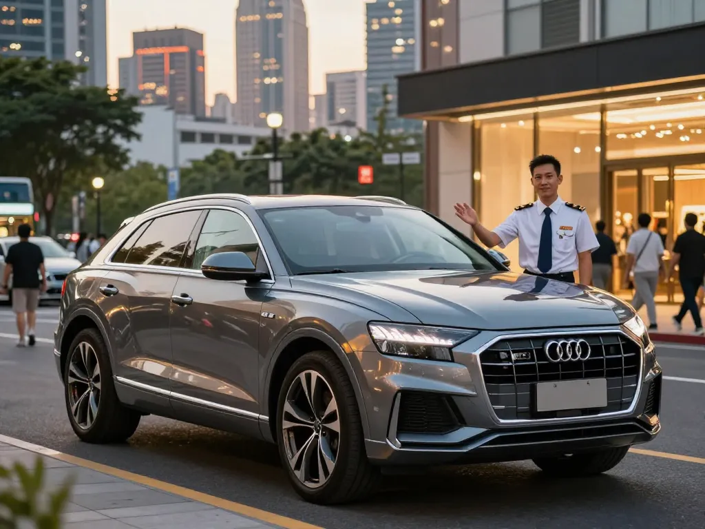 cho thuê xe ô tô hạng sang trong một bối cảnh đô thị sôi động với một chiếc Audi Q8 và tài xế chuyên nghiệp, thể hiện sự sang trọng và dịch vụ ưu việt.