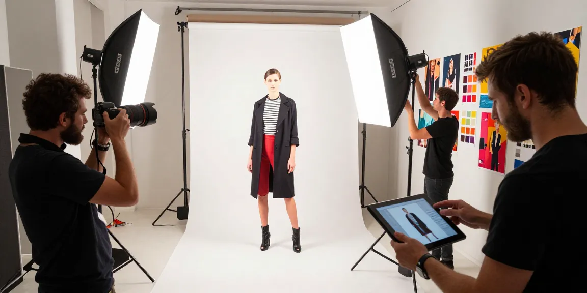 Photographe publicitaire Milano en studio créatif, modèle en pose, équipement d'éclairage
