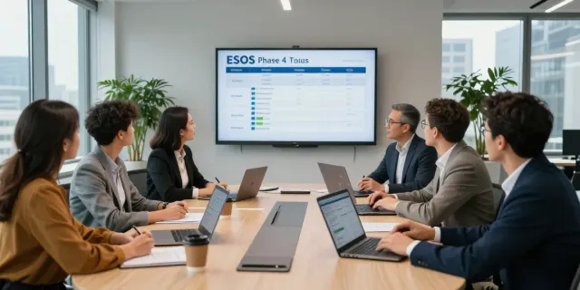 Consultants strategizing on Esos phase 4 compliance in a modern office.