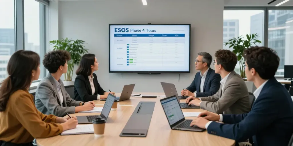 Consultants strategizing on Esos phase 4 compliance in a modern office.