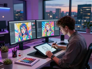 Digital artist creating innovative NSFW AI images in a modern studio.