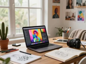 Artist using image to prompt generator in a bright digital workspace surrounded by artistic tools.